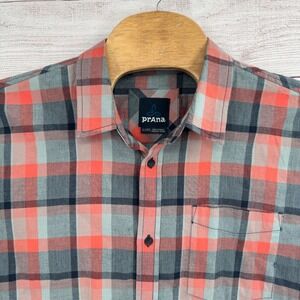 PrAna Mens XL Organic Cotton Plaid Shirt Short Sleeve‎ Lightweight Casual